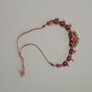 Hand Crafted Beaded Enamel Rhinestone Reversible Necklace India Pink Adjustable